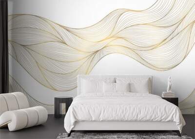 Vector gold line wave background, abstract luxury elegant pattern. Glitter flow japanese style shape, river, sea cover. Wall mural