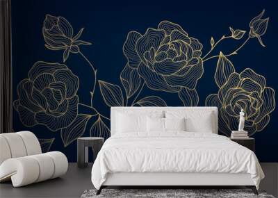 Vector gold on blue roses line art, elegant style flowers background. Leaves and bloom spring design, copper ornament, nature print, wall art Wall mural