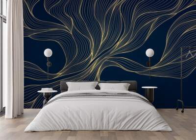 Vector gold wave on dark background illustration, line luxury modern art. Wavy shape banner, premium wallpaper, elegant poster, curve texture. Japanese style. Wall mural