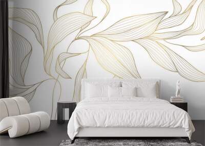 Vector golden flower background, luxury abstract line leaves composition. Art deco floral ornament, elegant summer print. Foliage drawing, vintage illustration  Wall mural