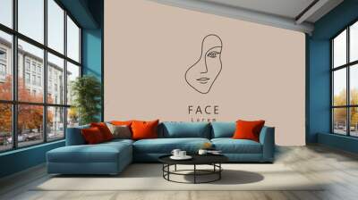 Vector minimal face, linear artistic logo. Social net, emblem for beauty studio and cosmetics - female portrait, beautiful woman's face - badge for make up artist, fashion. T-shirt print Wall mural