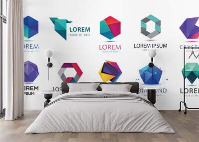 Vector set of abstract logo design, geometric technology icons, business 3d shapes collection. Origami, crystal forms and emblems. Wall mural