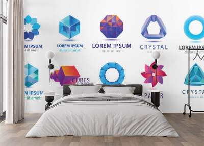 Vector set of abstract origami, geometric logos. Company business design elements, hexagon shapes, graphic signs Wall mural