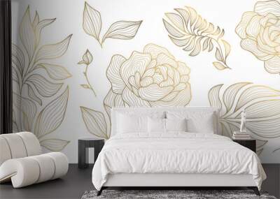 Vector set of art deco drawn leaves and flowers. Roses line illustrations, gold on white isolated. Floral graphic elements Wall mural