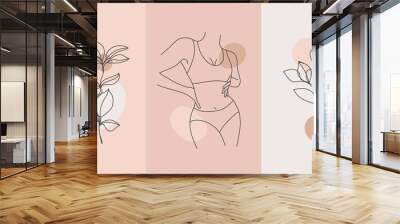 Vector set of line body silhouette illustrations, women and floral art . Minimalist linear female figure. Body positive cards, posters, prints, social net stories Wall mural