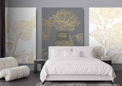 Vector set of luxury flower line pattern, golden background. Hand drawn plants, leaves, flowers for packaging, social media post, cover, banner, creative post and wall arts Wall mural