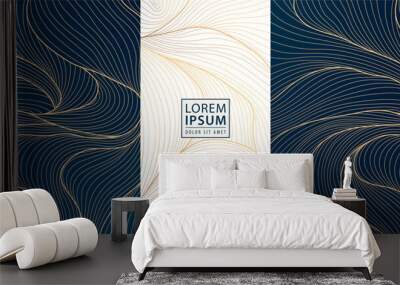 Vector set of wave line gold backgrounds, sea fancy patterns. Art flow elegant texture, japanese style templates. Wine, package, perfume, label illustrations. Wall mural