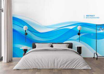 Vector wavy abstract geometric background, blue flow hoizontal banner. Trendy gradient shapes composition. Water stream, ocean concept. Wall mural