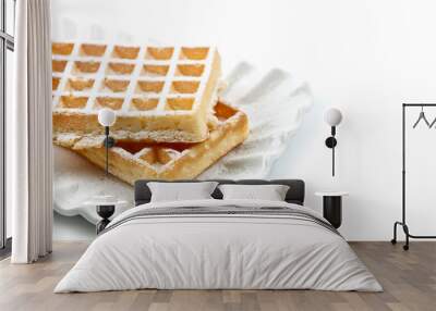 Belgium waffers with sugar powder on ceramic plate isolated on white background. Wall mural