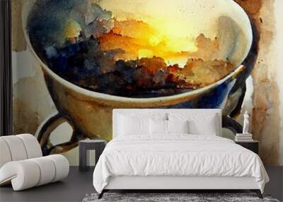 Watercolor drawing ceramic cup of hot coffee with milk or cappuccino. Wall mural