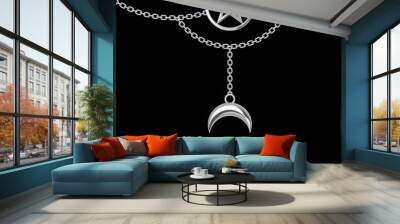 Background with silver metallic necklace. Pentagram pendant and chains. On black. Vector illustration Wall mural