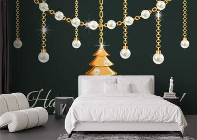 Happy New Year. Greeting card design with pears, chains, gold Christmas tree pendant. Wall mural