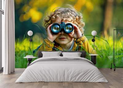 A curious curly-haired Child with binoculars lies in the grass in the park watching nature Wall mural