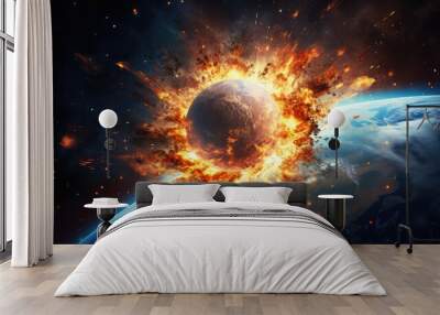 A flying burning exoplanet in flames entering the ozone layer. Collision with the planet earth. Fictional state of the cosmos Wall mural