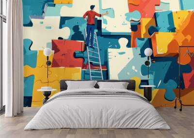 A man on the high staircase of the facade of a building built of puzzles. A person with autism syndrome builds a shelter for thoughts in his head - the concept of an idea Wall mural