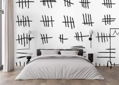 A set of strokes, a count of marks is counted. Chalk on a white background sticks the line counter on the wall. Vector hashes icons for prisons or desert islands, countdown, waiting.  Wall mural