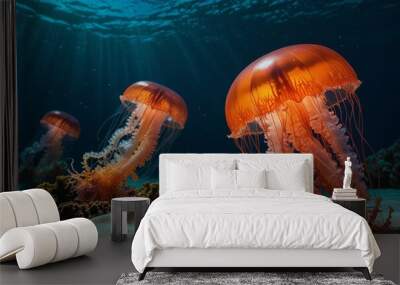 Orange red neon Jellyfish swim on the beach at large, beautiful isolated jellyfish in the ocean near beautiful coral Wall mural