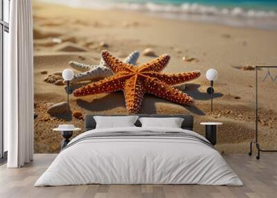 Two starfish resting on the beach sand at sunset Wall mural