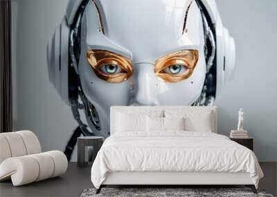 White and gold female cyborg robot on white background, female portrait head, girl, fictional abstract character Wall mural