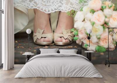 Bride's shoes and bouquet in pastel colors Wall mural