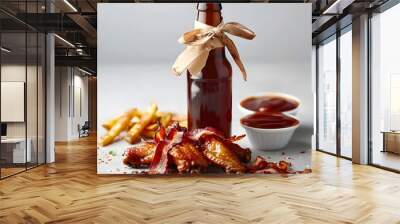 Beer bottle with - mockup, fried bacon, french fries and sauсe isolated on white background. Advertising poster. Wall mural