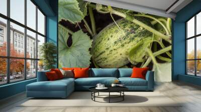 Big green ripe Citrullus lanatus, watermelon growing in the garden. Future fruits. Green leaves on the stalk of awatermelon. Wall mural