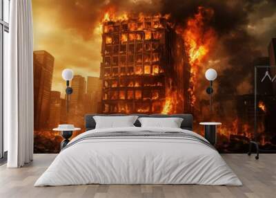 Building Burning. Inferno and Apocalypse Concept in City Downtown Wall mural