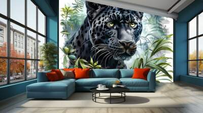 Close-up of a black panther's face among green tropical leaves, isolated on a white background.  Wall mural