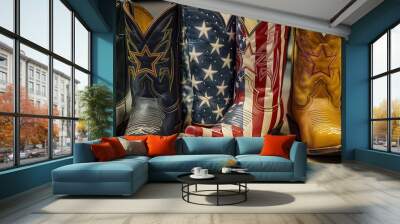 Close-up of cowboy boots with American flag decoration on sale in Nashville store. Brown leather boots with colorful stripes and stars. Male footwear accessory for travel or fashion. Wall mural