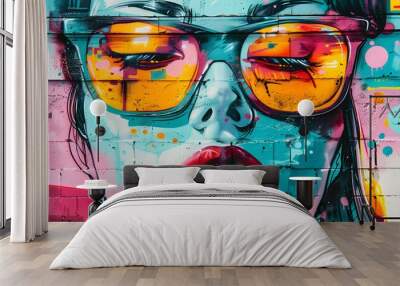 Colorful abstract portrait of young female face with sunglasses. Graffiti on wall. Wall mural