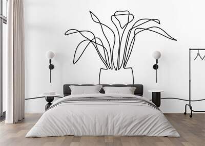 Continuous single line drawing of indoor flower. Indoor plant in a pot on a white background. Vector illustration of home comfort Wall mural