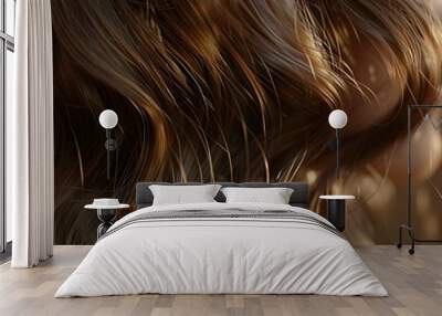 Elegant swirls of brown hair with a silky texture. Close-up. Shiny healthy hair texture for stunning backgrounds. Wall mural