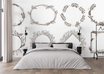 Floral frame. Round, rhombic and square frames. Border of flowers, herbs, twigs and leaves. Wall mural