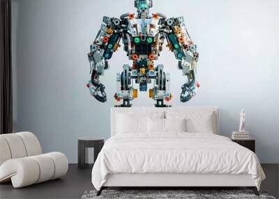 Full lenght large, humanoid robot with intricate mechanical parts and articulated joints, standing against a plain, light background.  Wall mural