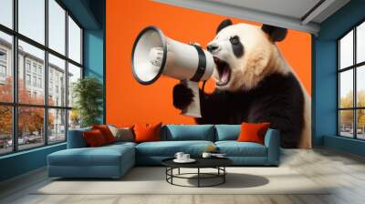 Giant Panda hold white loudspeaker and screaming. Advertising and sales concept Wall mural