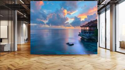 Gorgeous view of the ocean. A beautiful overwater house. On the Sunset. Resort, banner background with copy space. Wall mural