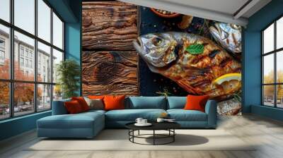 Grilled Fish: Fresh Mediterranean Sea Bream Cooked to Perfection with Lemon on Kitchen Table Wall mural