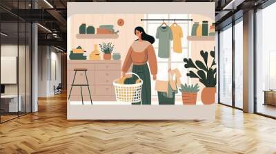 Housewife collects laundry in a basket, cleans the apartment. Woman sorts clothes for charity, flat cartoon illustration generative AI Wall mural