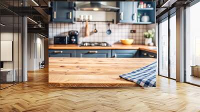 In the kitchen, there is a wooden table with a checkered towel on top of it Wall mural