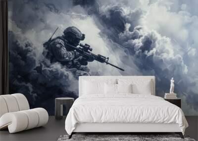 Infantry Soldier in War Clouds. Illustration of Military Weapon with Rifle Wall mural