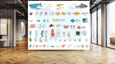 Large set of sea animals and elements for a coloring book, coloring page sea life.,for kids Wall mural