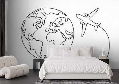 Line drawing of globe with airplane. Airline travel and flights. Flight route path on world map in simple linear style. Doodle vector illustration Wall mural