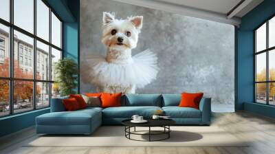 Little dog girl in a white wedding tutu. Wall mural