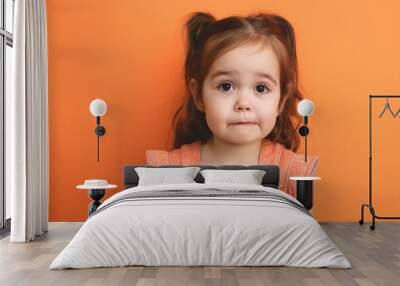 Little girl with bright orange background. Emotional, excited, surprised expression on face. Wears casual attire, healthy, vibrant hair. Caucasian child in happy mood, personality. Wall mural