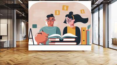 Man and a woman savings money for education. Students look at piggy bank, reading books, flat cartoon illustration generative AI Wall mural