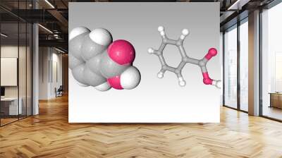 Molecular structure of benzoic acid or E210. Atoms are represented as spheres with color coding: carbon (grey), oxygen (red), hydrogen (white). Scientific background. 3d illustration Wall mural