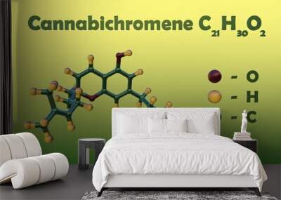 Structural chemical formula and molecular model of cannabichromene, a non-psychoactive cannabinoid that exerts anti-inflammatory, antimicrobial and analgesic activity. 3d illustration Wall mural