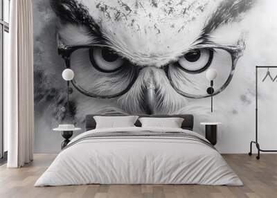 Pencil drawing of owl head with glasses on white background. Looking into camera. Wall mural