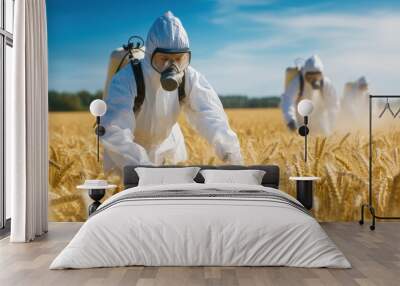 Pesticide Spraying for Pest Control in Wheat Field: Farmers in Protective Clothing Wall mural