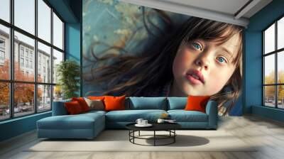 Portrait of a girl with down syndrome with clear blue eyes. World Down Syndrome Awareness Day Wall mural